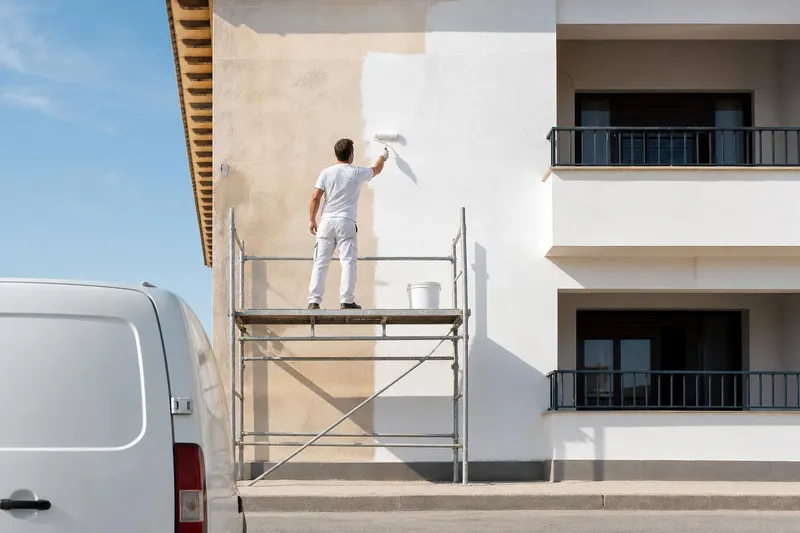 Pintor de espaldas en un andamio pintando de blanco la fachada de un edificio