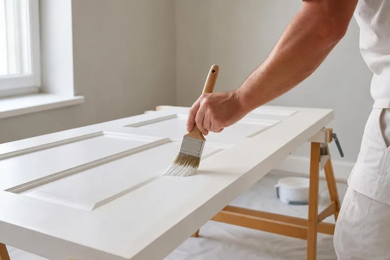 Mano de un pintor pintando de blanco una puerta de madera tumbada sobre caballetes